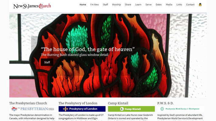 Web development by Mike Cygalski of digibee.net Web Design. New Saint James church website homepage screenshot.